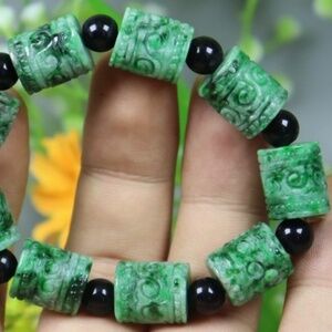 15*12.5*12.5 mm BEAD /54.43g Cert'd Green Natural A JADE jadeite Moire Bracelet